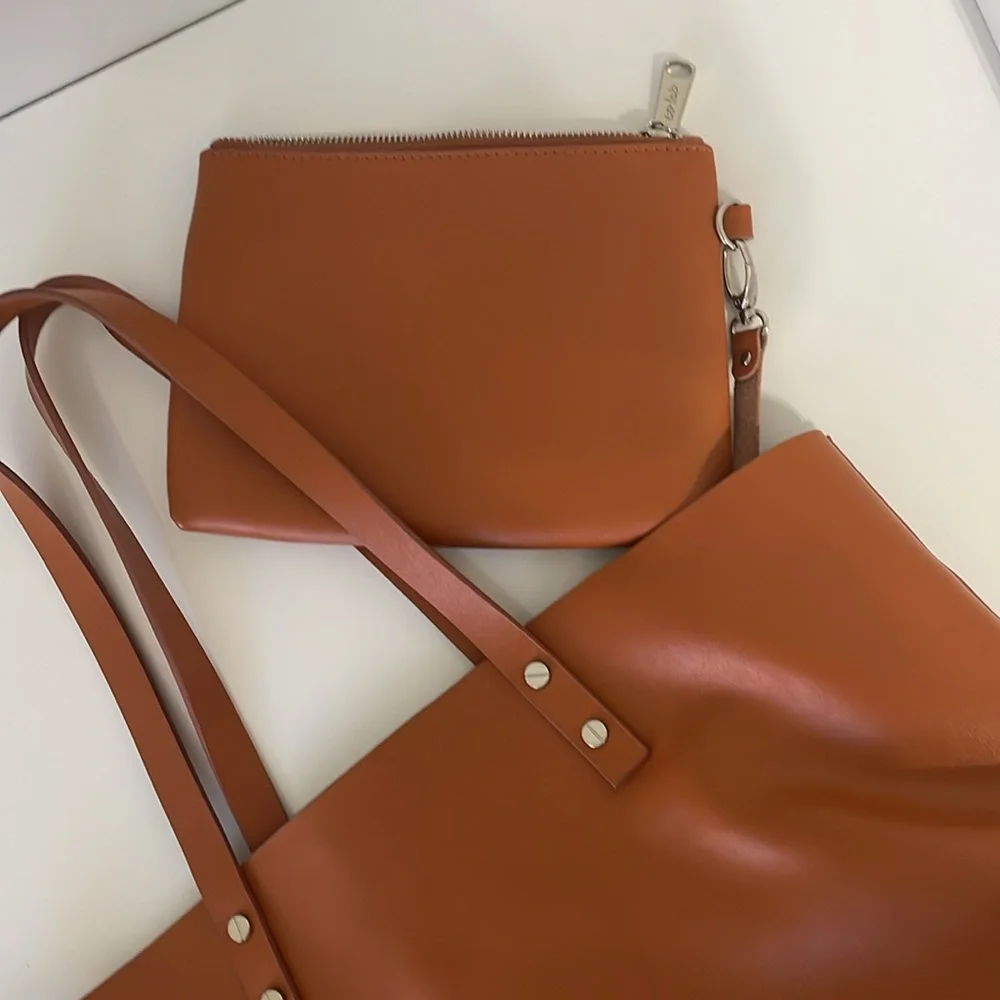 Co-Lab large tan leather‎ tote with attached wristlet. Excellent condition